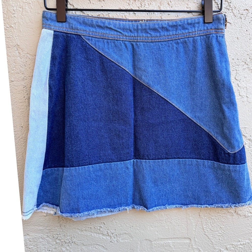 Life In Progress Womens Patchwork Blue Denim Mini Skirt MEDIUM Boho Indie - Picture 2 of 8